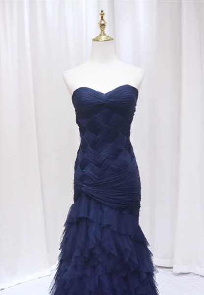 Sexy Navy Blue Sweetheart Neck Sweet 16th Mermaid Evening Dresses Braided Tulle Tiered Prom Dress AP4549