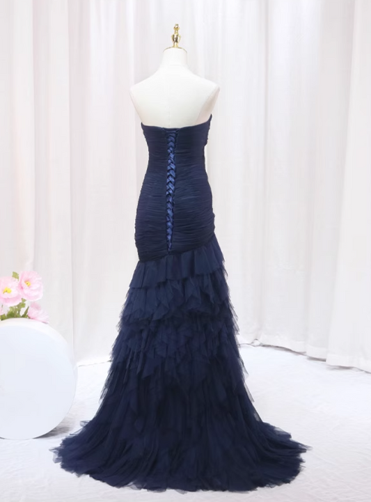 Sexy Navy Blue Sweetheart Neck Sweet 16th Mermaid Evening Dresses Braided Tulle Tiered Prom Dress AP4549