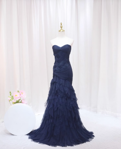 Sexy Navy Blue Sweetheart Neck Sweet 16th Mermaid Evening Dresses Braided Tulle Tiered Prom Dress AP4549
