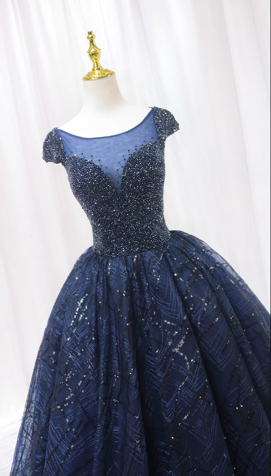 Vogue A-Line Boat Neck Sweet 16th Gowns Sequins Short Sleeve Beads Backless Tulle Prom Dress AP4550