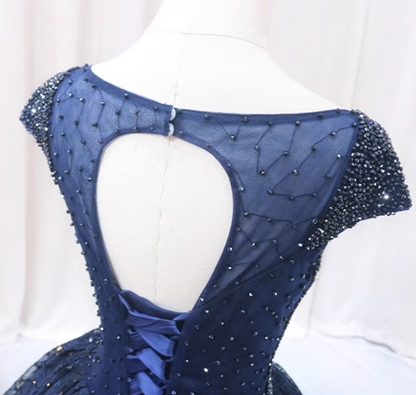 Vogue A-Line Boat Neck Sweet 16th Gowns Sequins Short Sleeve Beads Backless Tulle Prom Dress AP4550