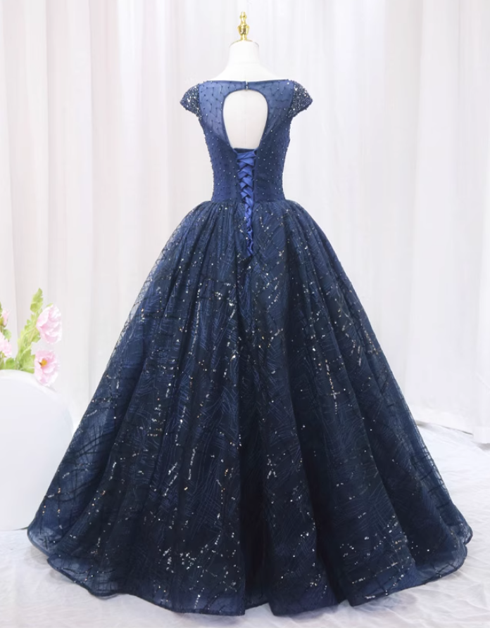 Vogue A-Line Boat Neck Sweet 16th Gowns Sequins Short Sleeve Beads Backless Tulle Prom Dress AP4550