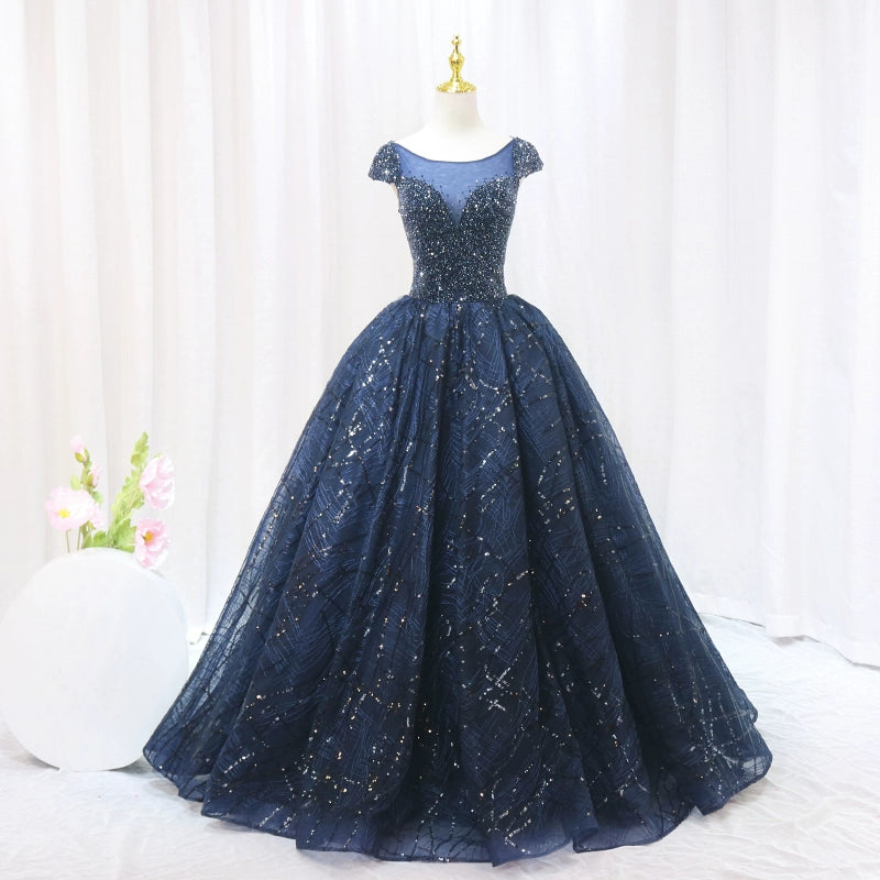 Vogue A-Line Boat Neck Sweet 16th Gowns Sequins Short Sleeve Beads Backless Tulle Prom Dress AP4550