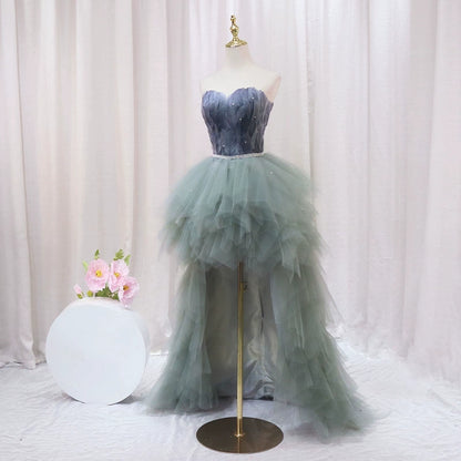 Glittering A-Line Strapless Birthday Gowns Feather Beading Sequins Tiered Tulle Homecoming Dress AP4551