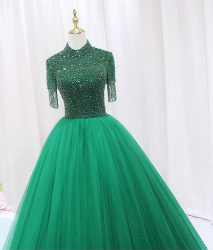 Modern A-Line High Collar Sweet 16th Gowns Backless Tassel Beads Tulle Prom Dress AP4552