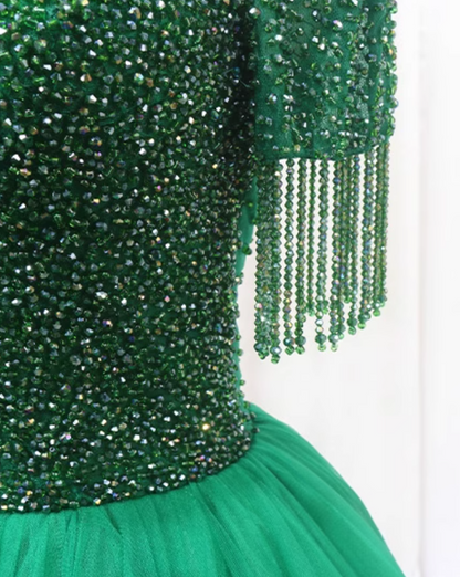 Modern A-Line High Collar Sweet 16th Gowns Backless Tassel Beads Tulle Prom Dress AP4552