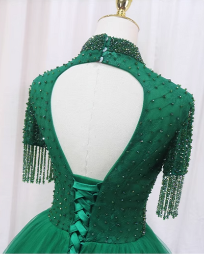 Modern A-Line High Collar Sweet 16th Gowns Backless Tassel Beads Tulle Prom Dress AP4552