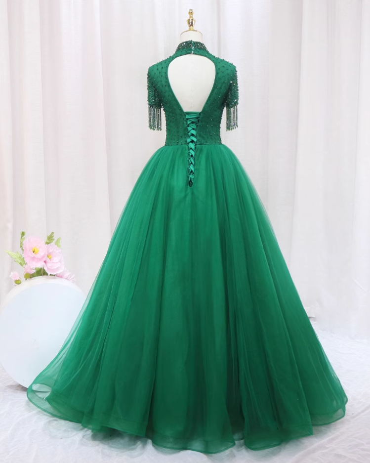 Modern A-Line High Collar Sweet 16th Gowns Backless Tassel Beads Tulle Prom Dress AP4552