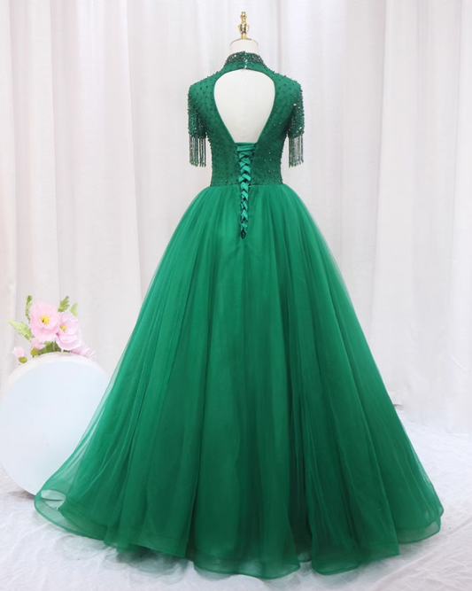 Modern A-Line High Collar Sweet 16th Gowns Backless Tassel Beads Tulle Prom Dress AP4552