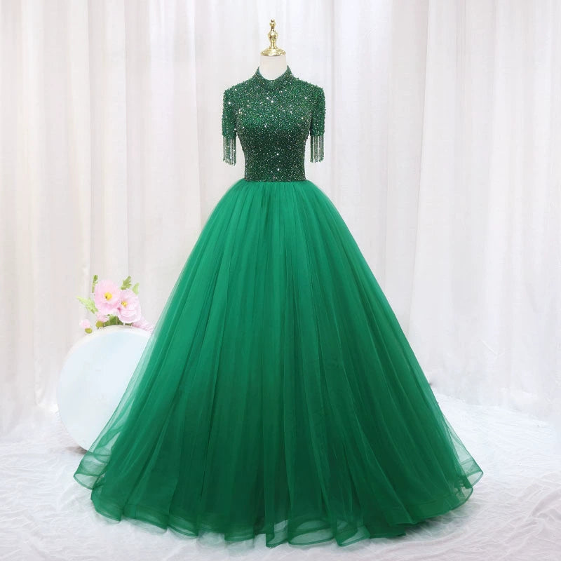 Modern A-Line High Collar Sweet 16th Gowns Backless Tassel Beads Tulle Prom Dress AP4552