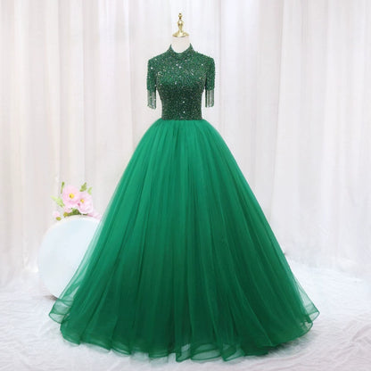 Modern A-Line High Collar Sweet 16th Gowns Backless Tassel Beads Tulle Prom Dress AP4552