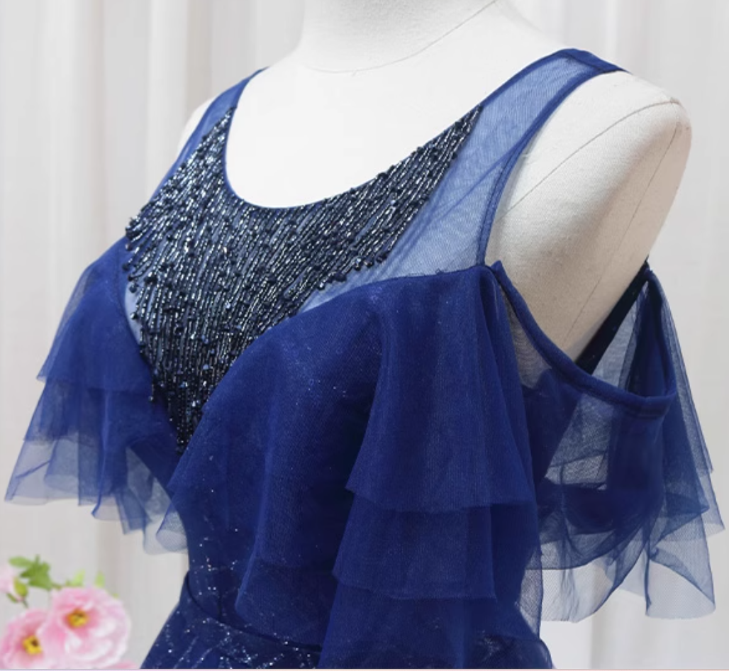 Pretty A-Line Jewel Neck Blue Sweet 16th Formal Gowns Beading Sequins Tulle Prom Dress AP4554