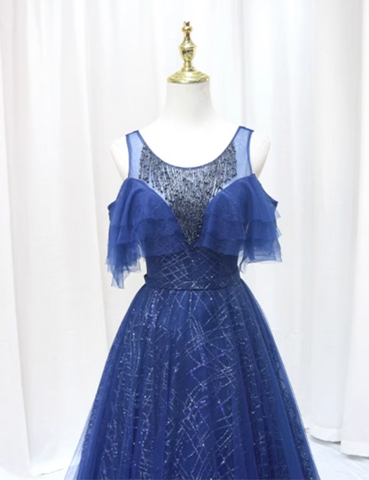 Pretty A-Line Jewel Neck Blue Sweet 16th Formal Gowns Beading Sequins Tulle Prom Dress AP4554