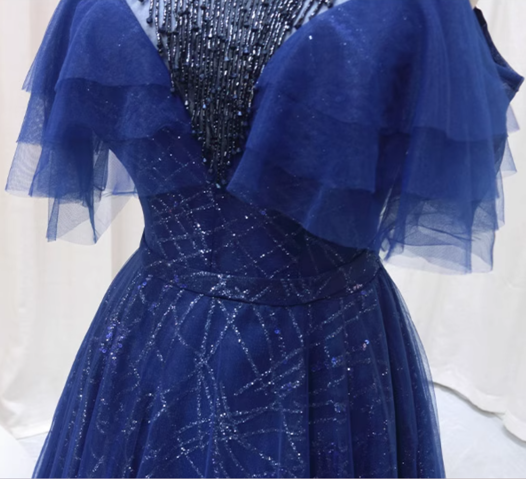 Pretty A-Line Jewel Neck Blue Sweet 16th Formal Gowns Beading Sequins Tulle Prom Dress AP4554