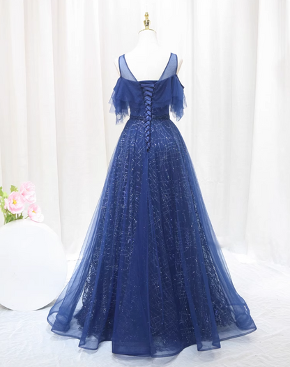 Pretty A-Line Jewel Neck Blue Sweet 16th Formal Gowns Beading Sequins Tulle Prom Dress AP4554