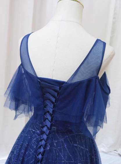 Pretty A-Line Jewel Neck Blue Sweet 16th Formal Gowns Beading Sequins Tulle Prom Dress AP4554
