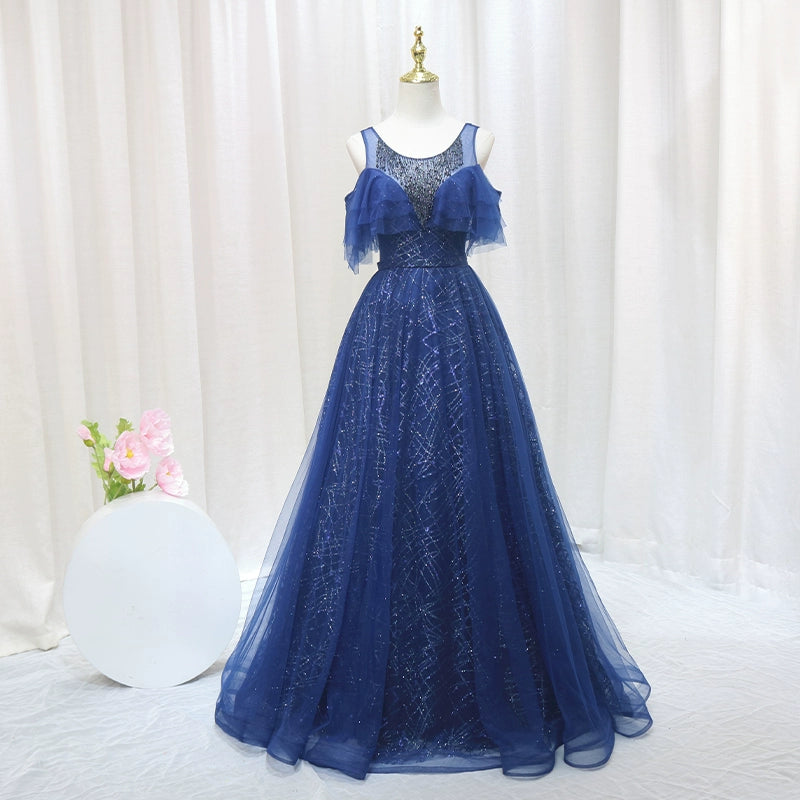 Pretty A-Line Jewel Neck Blue Sweet 16th Formal Gowns Beading Sequins Tulle Prom Dress AP4554