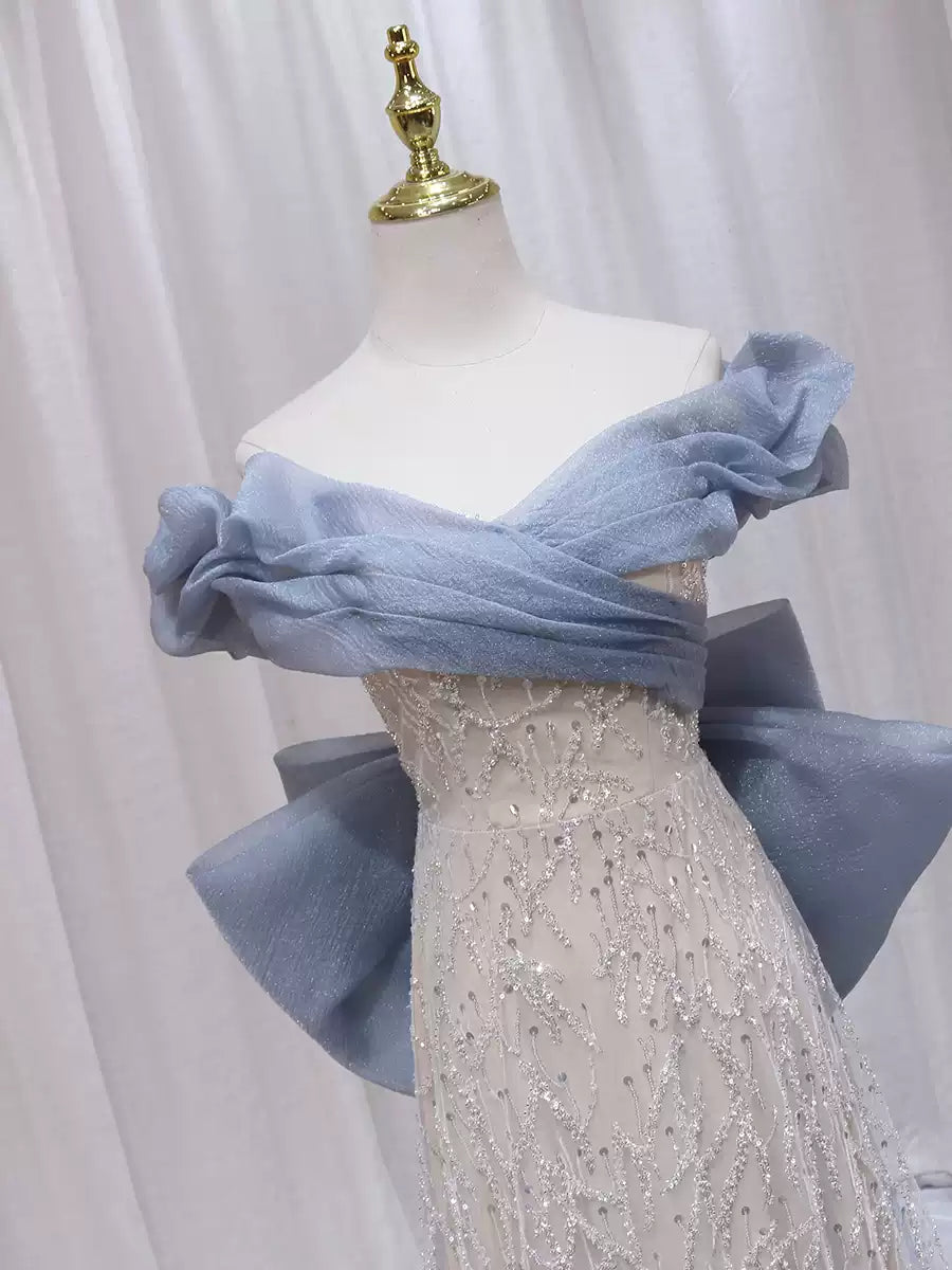 Fancy A-Line Off-Shoulder Sweet 16th Formal Gowns Sequins Bow Pleated Tulle Prom Dress AP4555