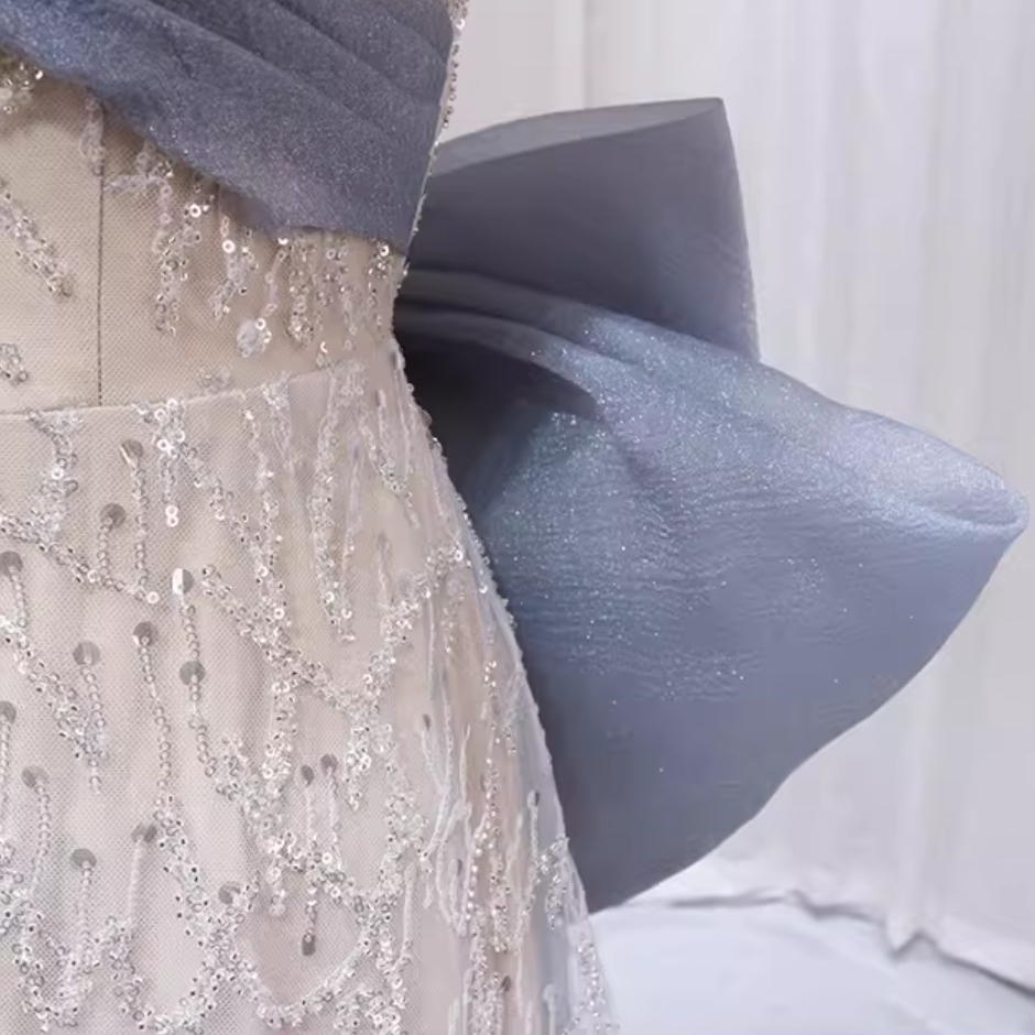 Fancy A-Line Off-Shoulder Sweet 16th Formal Gowns Sequins Bow Pleated Tulle Prom Dress AP4555