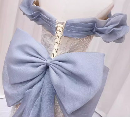 Fancy A-Line Off-Shoulder Sweet 16th Formal Gowns Sequins Bow Pleated Tulle Prom Dress AP4555