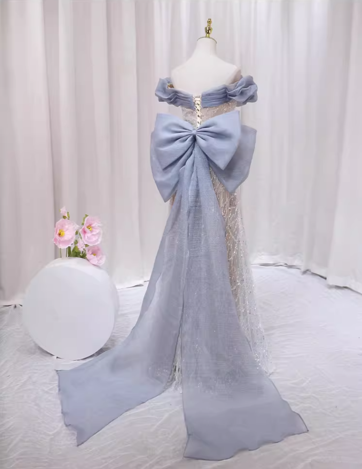 Fancy A-Line Off-Shoulder Sweet 16th Formal Gowns Sequins Bow Pleated Tulle Prom Dress AP4555