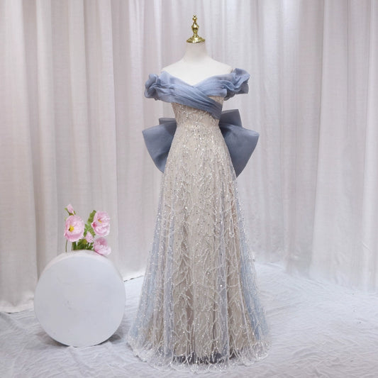 Fancy A-Line Off-Shoulder Sweet 16th Formal Gowns Sequins Bow Pleated Tulle Prom Dress AP4555