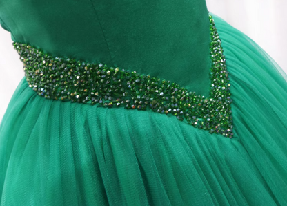 Delicate A-Line Off-Shoulder Sweet 16th Formal Gowns Beads Green Tulle Prom Dress AP4556