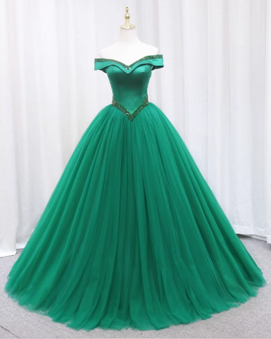 Delicate A-Line Off-Shoulder Sweet 16th Formal Gowns Beads Green Tulle Prom Dress AP4556