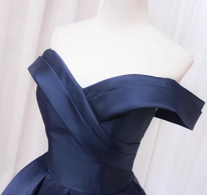 Hot Girls Off-Shoulder A-Line Birthday Dresses Navy Blue Satin Homecoming Dress AP4557