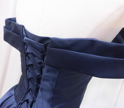 Hot Girls Off-Shoulder A-Line Birthday Dresses Navy Blue Satin Homecoming Dress AP4557