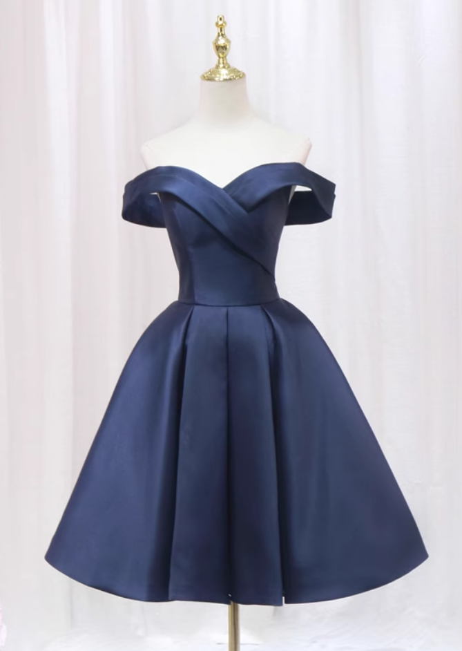 Hot Girls Off-Shoulder A-Line Birthday Dresses Navy Blue Satin Homecoming Dress AP4557