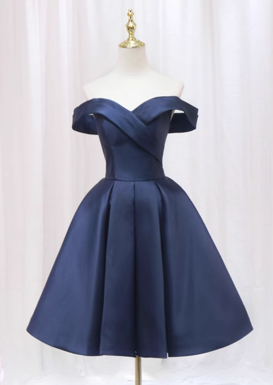 Hot Girls Off-Shoulder A-Line Birthday Dresses Navy Blue Satin Homecoming Dress AP4557