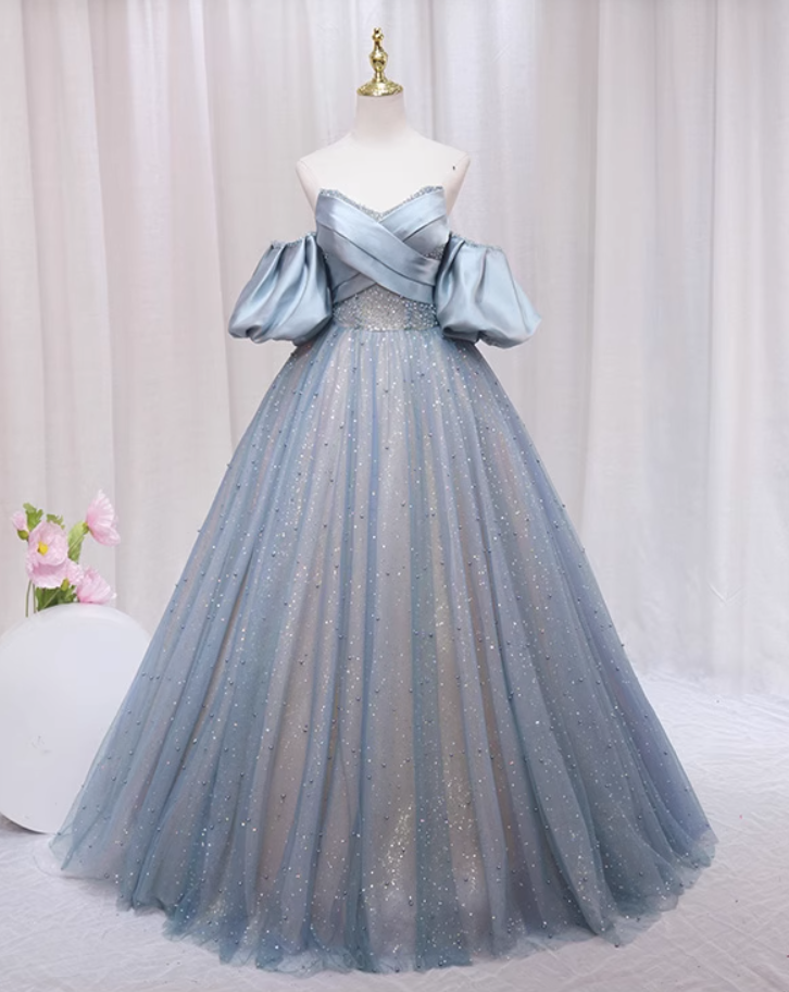 Maximalism A-Line Off-Shoulder Sweet 16th Formal Gowns Pleated Satin Beads Sequins Tulle Prom Dress AP4558