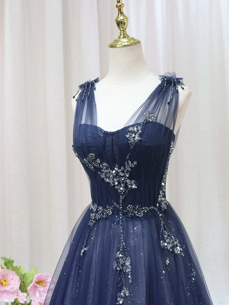 Gen Z Style A-Line Spaghetti Strap Sweet 16th Evening Dresses Sequins Beading Tulle Prom Dress AP4559
