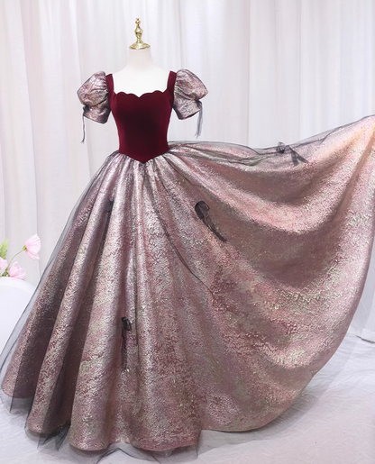 Hottie A-Line Square Neck Short Sleeve Formal Gowns Tulle Bows Red Velvet Prom Dress AP4560