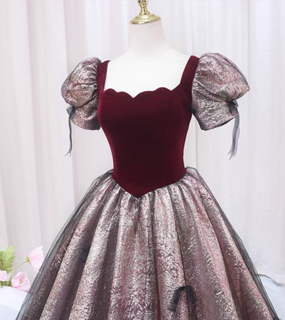 Hottie A-Line Square Neck Short Sleeve Formal Gowns Tulle Bows Red Velvet Prom Dress AP4560