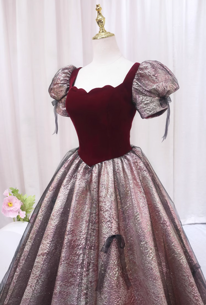 Hottie A-Line Square Neck Short Sleeve Formal Gowns Tulle Bows Red Velvet Prom Dress AP4560