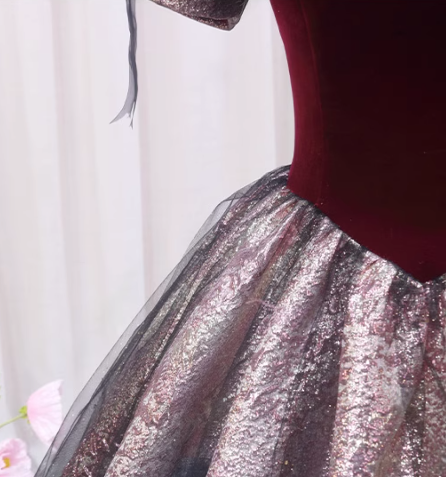 Hottie A-Line Square Neck Short Sleeve Formal Gowns Tulle Bows Red Velvet Prom Dress AP4560