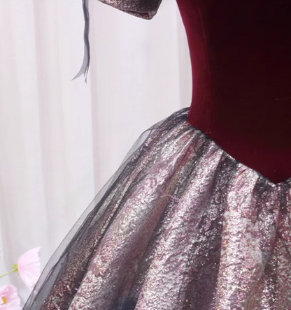Hottie A-Line Square Neck Short Sleeve Formal Gowns Tulle Bows Red Velvet Prom Dress AP4560