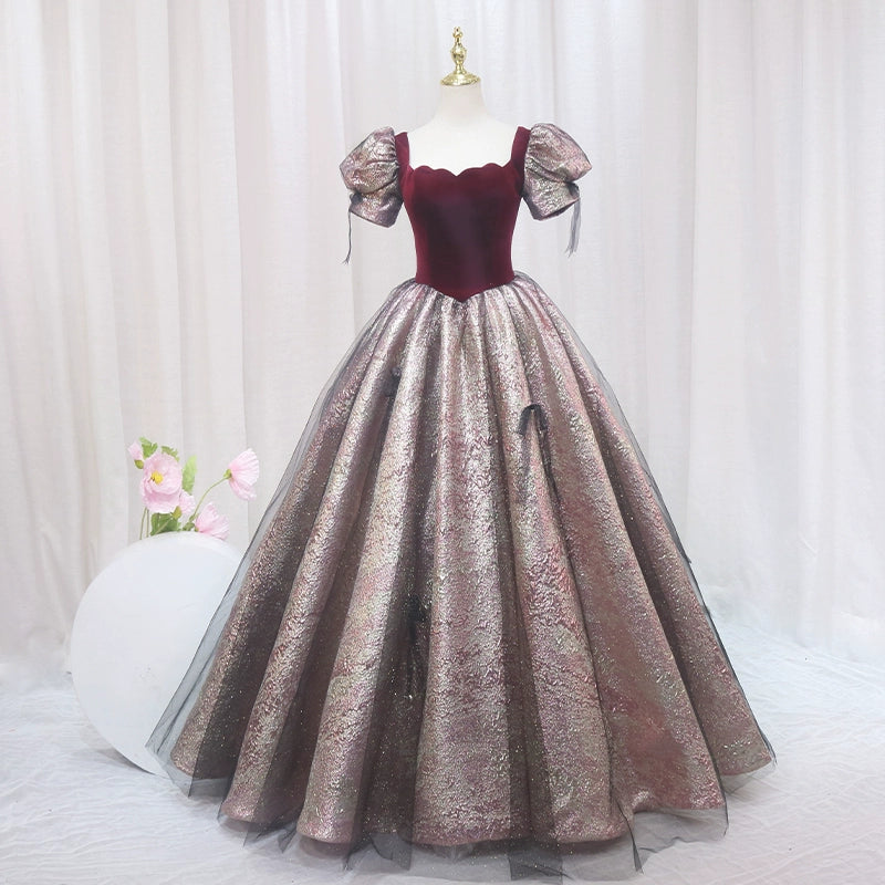 Hottie A-Line Square Neck Short Sleeve Formal Gowns Tulle Bows Red Velvet Prom Dress AP4560
