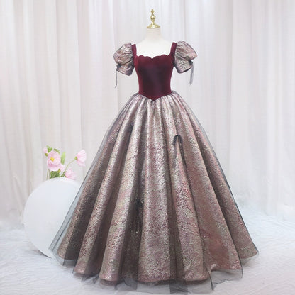 Hottie A-Line Square Neck Short Sleeve Formal Gowns Tulle Bows Red Velvet Prom Dress AP4560