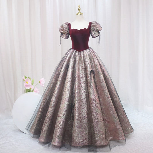 Hottie A-Line Square Neck Short Sleeve Formal Gowns Tulle Bows Red Velvet Prom Dress AP4560