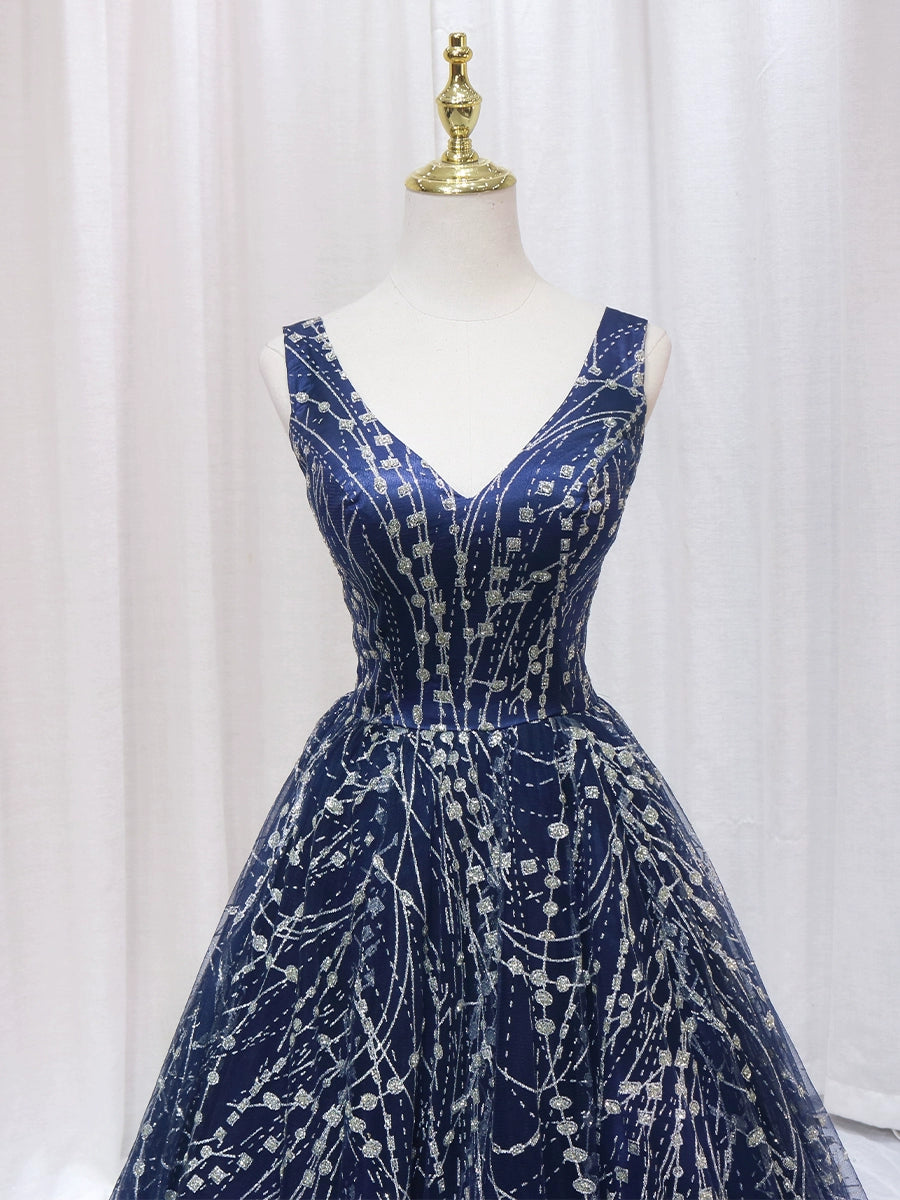 Casual A-Line V Neck Sweet 16th Gowns Sleeveless Sequins Prom Dress AP4561