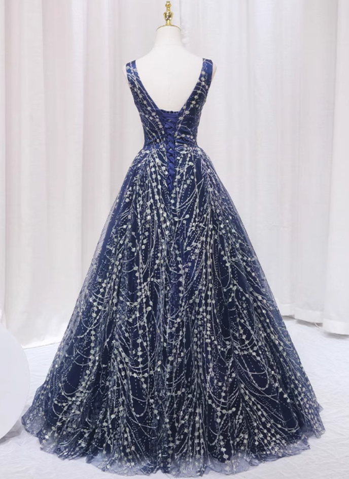 Casual A-Line V Neck Sweet 16th Gowns Sleeveless Sequins Prom Dress AP4561