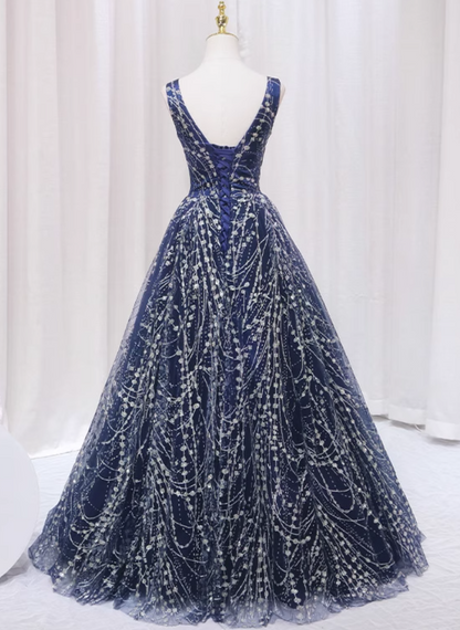 Casual A-Line V Neck Sweet 16th Gowns Sleeveless Sequins Prom Dress AP4561
