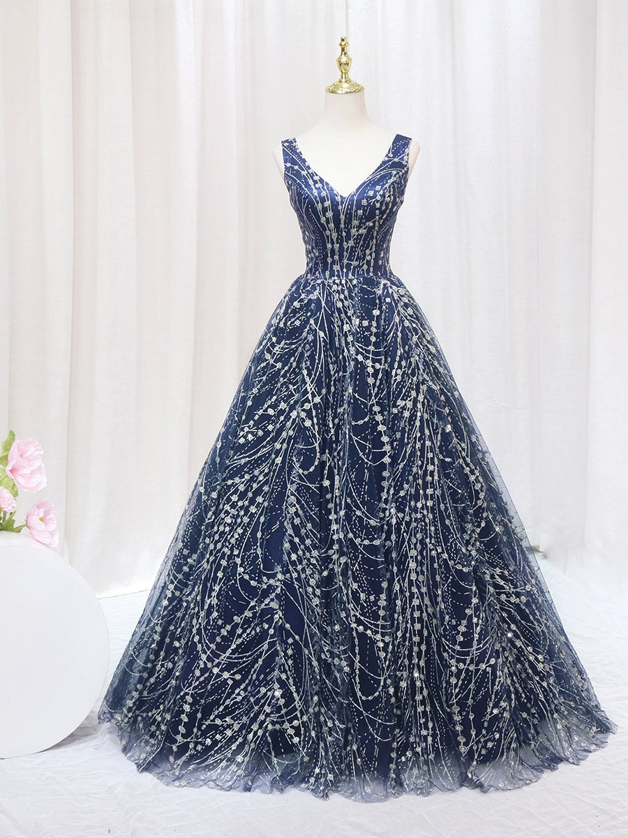 Casual A-Line V Neck Sweet 16th Gowns Sleeveless Sequins Prom Dress AP4561
