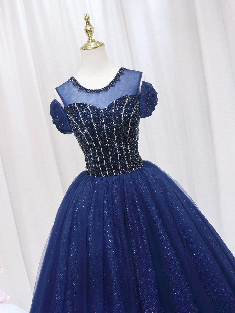 Y2K Style A-Line Jewel Neck Sweet 16th Formal Gowns Bows Beads Sequins Tulle Prom Dress AP4562