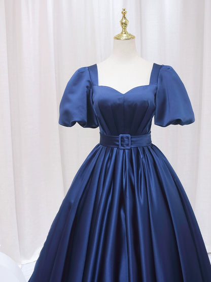 New Tendency A-Line Short Sleeve Evening Gowns Square Neck Satin Pleated Prom Dress AP4563
