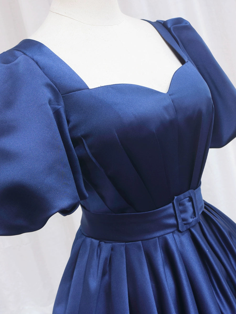 New Tendency A-Line Short Sleeve Evening Gowns Square Neck Satin Pleated Prom Dress AP4563