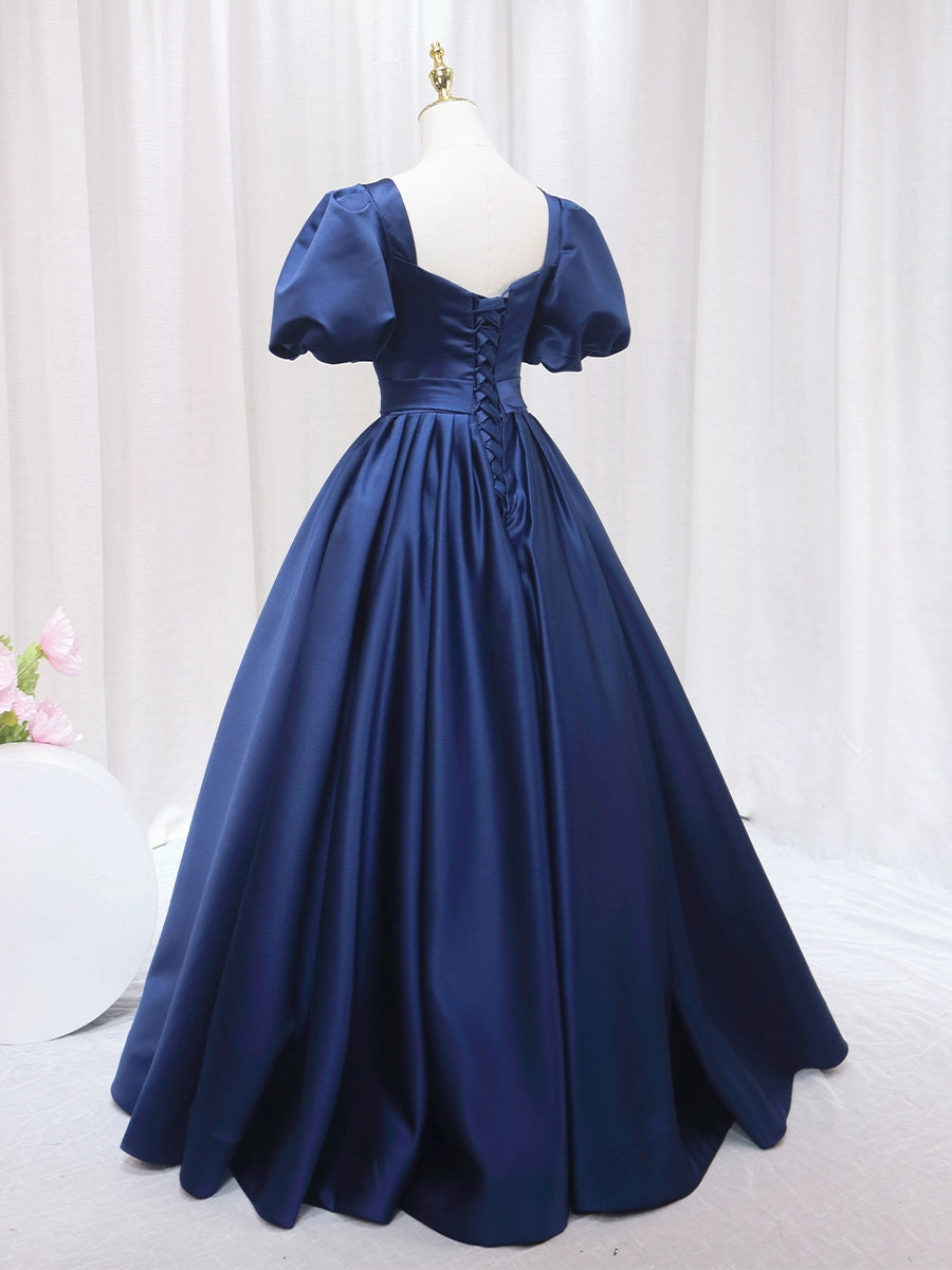 New Tendency A-Line Short Sleeve Evening Gowns Square Neck Satin Pleated Prom Dress AP4563